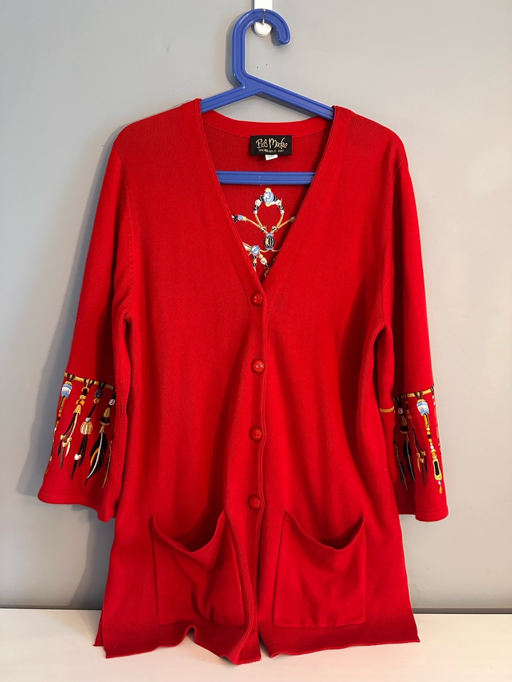 Bob Mackie Wearable Art - Red Embroidered Cardigan, 3/4 Sleeves, Size L